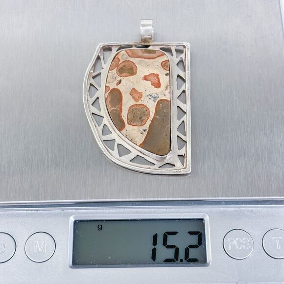 Vintage Sterling Silver 950 Openwork Frame Leopard Jasper Pendant - Picture 7 of 8